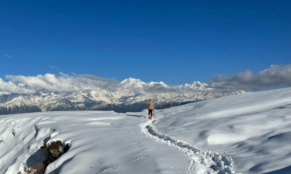 Dayara Bugyal Trek in winter — snow covered trail with trekker in Uttarkashi Uttarakhand
